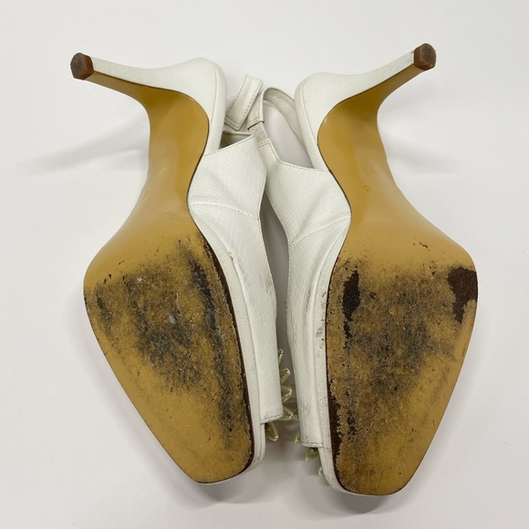 Vintage 90s White Slingback Pumps Open Toe Sandal Mid Heel Bridal Floral Shoes - Picture 15 of 17